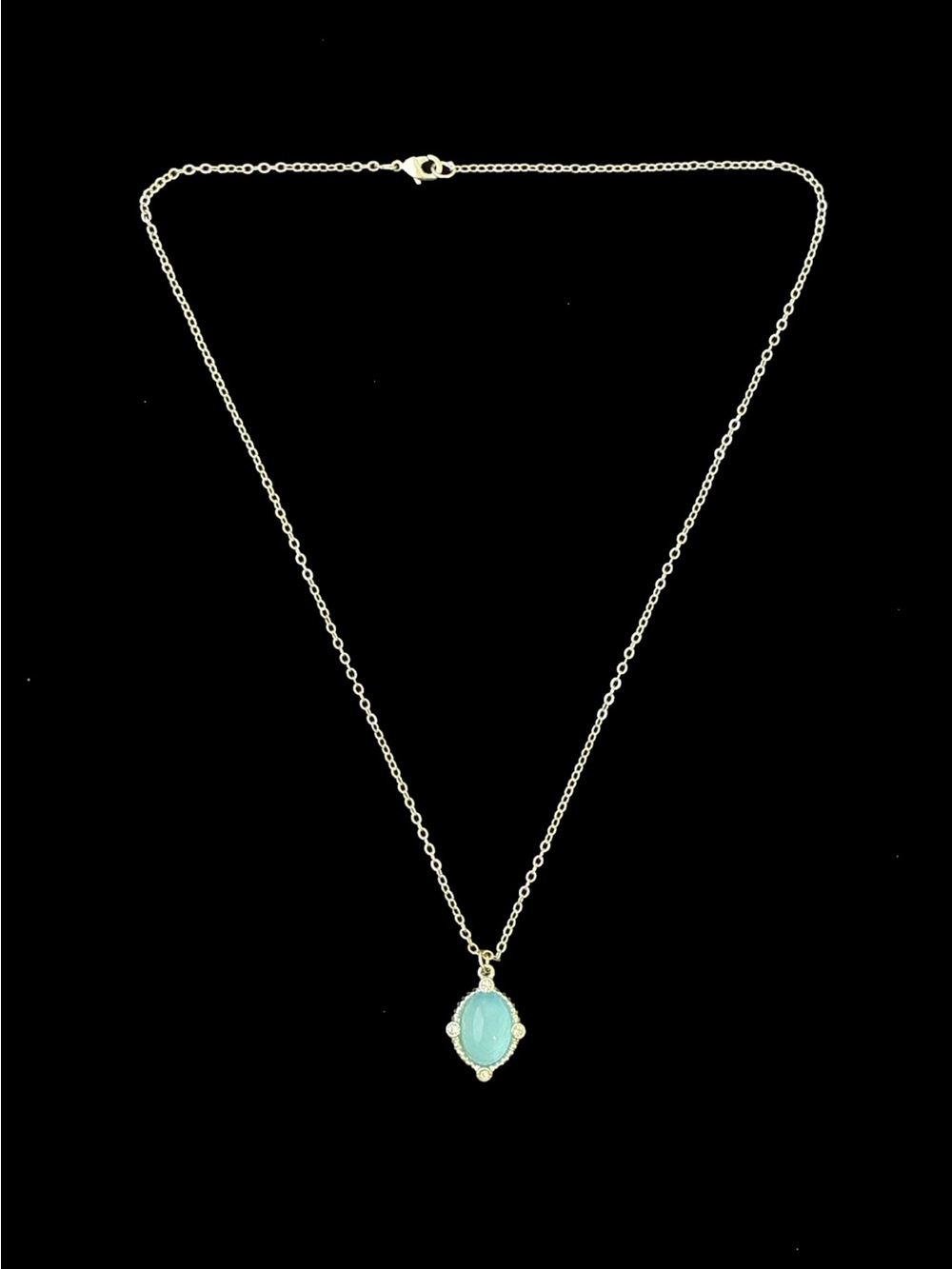 Silver-Tone Aqua Blue Oval Cabochon Pendant Necklace